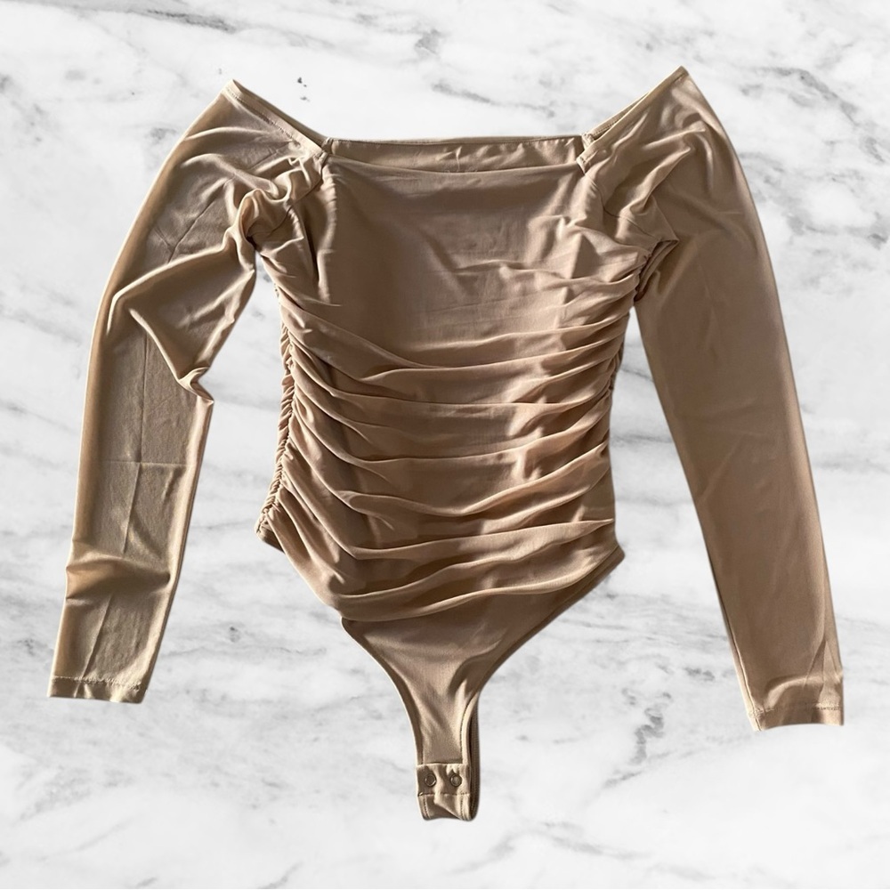 Pinkstyle Women’s Ruched Off-Shoulder Bodysuit - Nude, Size L 🤍📦💡​